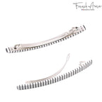 French Amie Long and Thin Black White Large 4” Handmade Celluloid Automatic Hair Clip Barrette for Women and Girls (Stripe)