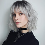 Short Silver Wigs for Women Ombre Grey Wavy Bob Wig with Bangs Medium Length Synthetic Hair Water Wave Dark Roots Wig Gray Colorful Wigs（14 Inches）
