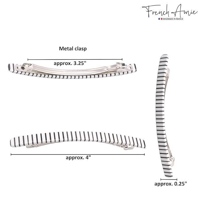 French Amie Long and Thin Black White Large 4” Handmade Celluloid Automatic Hair Clip Barrette for Women and Girls (Stripe)