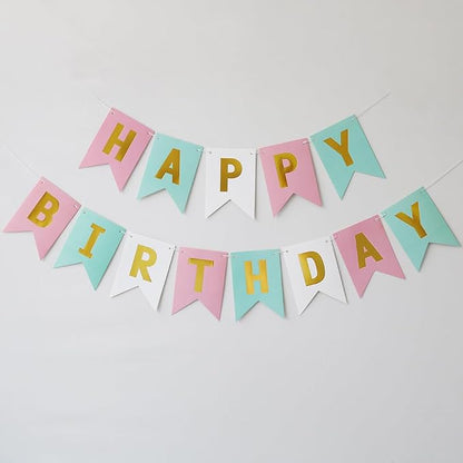 Happy Birthday Banner Birthday Party Supplies Garland Decorations Pink White by iiCheerful