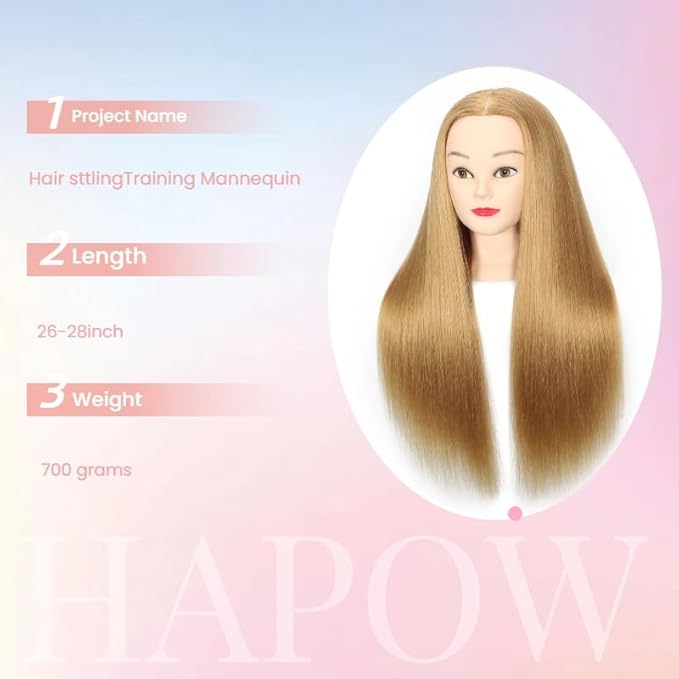80% Real Hair Mannequin Head Training Head Manikin Cosmetology Doll Head for Hairdresser Practice Braiding Hair Styling with Clamp stand 26-28inch