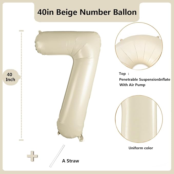 40 inch Cream White Number Balloon Giant Foil Helium Balloons Beige Number 7 - Image 2