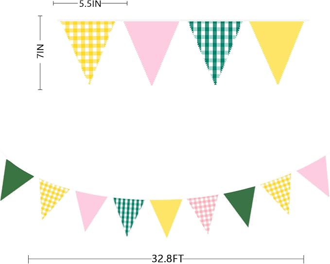 32Ft Camp Bride Party Decorations Pink Green Yellow Gingham Fabric Triangle - Image 3