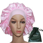 VEYRNEIC Hair Satin Bonnet for Sleeping Shower Caps Silk Chemo Caps with Wide Elastic Band Night Sleep Cap Bonnets for Black Women Braids with Satin Storage Bag (Pink)