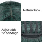 FAELBATY Short Green Wigs With Air Bangs Shoulder Length Bob Wig For Women Curly Wavy Synthetic Cosplay Wig for Girl (12" Dark Green)