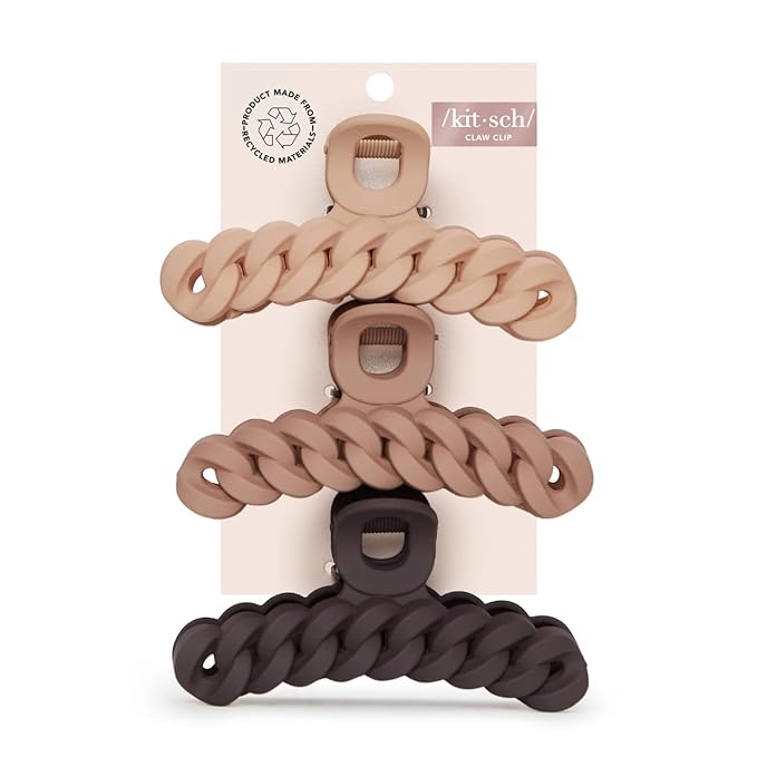 Kitsch Recycled Plastic Large Claw Clip, Big Chain Hair Clips for Women, Big Claw Clips for Thick Hair | Ideal Gifts for Women, (3pc Set Large Neutrals)