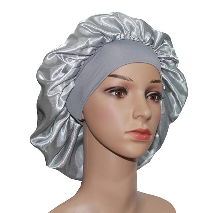 VEYRNEIC Hair Satin Bonnet for Sleeping Shower Caps Silk Chemo Caps with Wide Elastic Band Night Sleep Cap Bonnets for Black Women Braids with Satin Storage Bag (Silver)