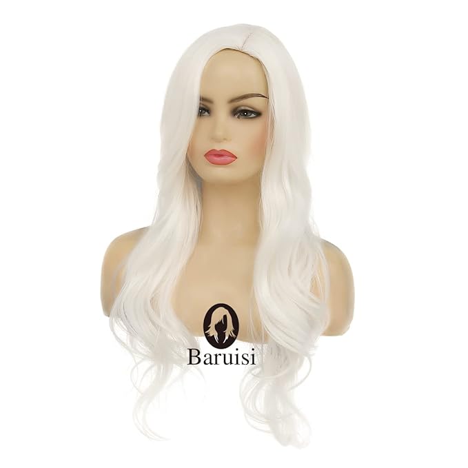 Baruisi Long Curly Wavy White Wigs for Women Side Part Natural Looking Cosplay Synthetic Heat Resistant Replacement Wig