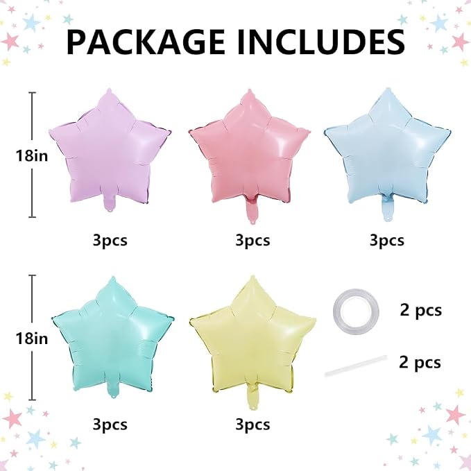 TONIFUL 15 Pack Pastel Colorful Star Foil Balloons | 18 Inch Mylar Star Shaped - Image 2