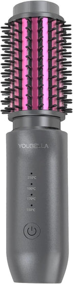 Youbella Cordless Hair Curling Iron Brush, Mini Travel Hot Straightener Comb, 3-in-1 Portable Wave Curling Wand, 1.5″ Ionic Heated Brush, USB Rechargeable Hair Curler, Matte Gray