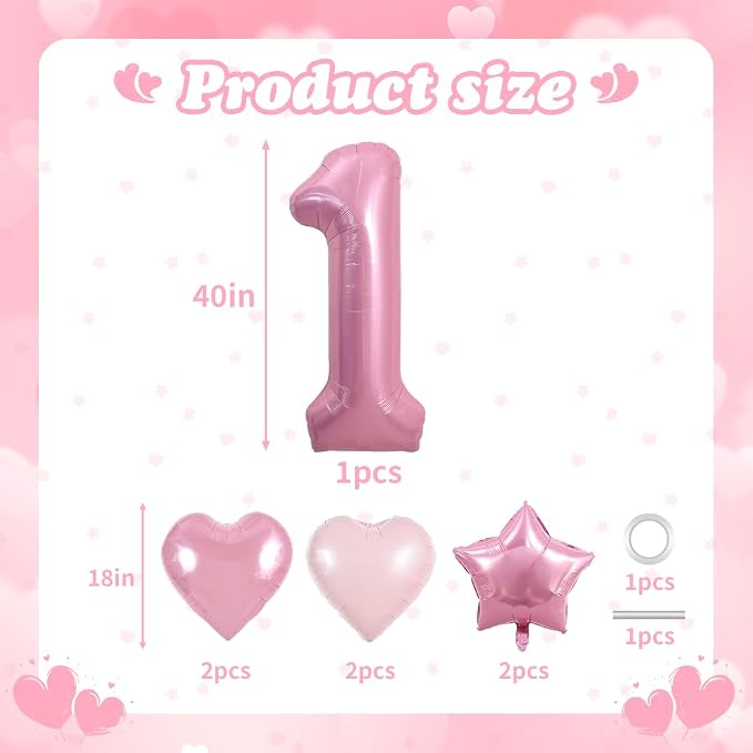 TONIFUL 1st Birthday Balloons Kit 40 Inch Pink Large Number 1 Foil Balloon | - Image 2
