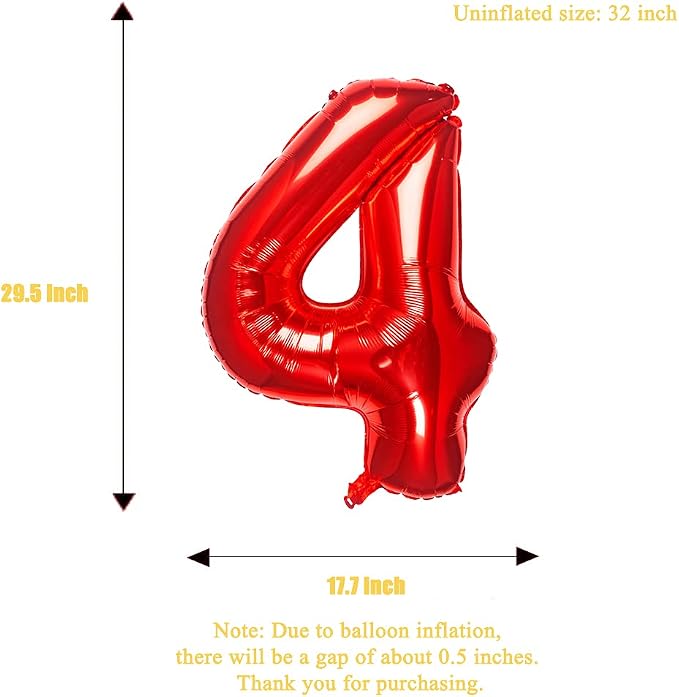 32 Inch Red Number 4 Balloons Foil Ballon Digital Birthday Party Decoration - Image 4