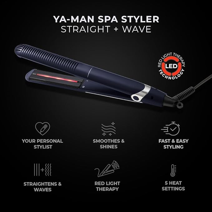 YA-MAN Spa Styler Straight + Wave Flat Iron Hair Straightener and Curler 2 in 1 - Advanced Japanese Technology, Dual Voltage, Titanium Tourmaline Plates with Red Light Therapy, 5 Heat Settings (Navy)