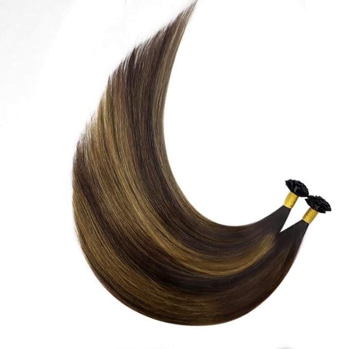 YoungSee Ktip Hair Extensions Balayage K Tip Human Hair Extensions Dark Brown with Medium Brown 14Inch Short 50s/50G