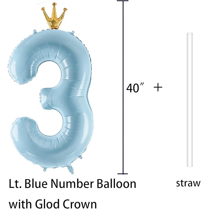 Number 3 Foil Balloon with Crown, 40-Inch Light Blue | Light blue number 3 foil - Image 3