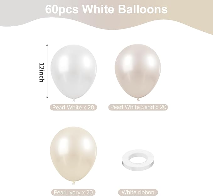 KBZVNAF Pearl White Latex Balloons Kit 60 Pack 12 inch | Pearl Sand White - Image 2