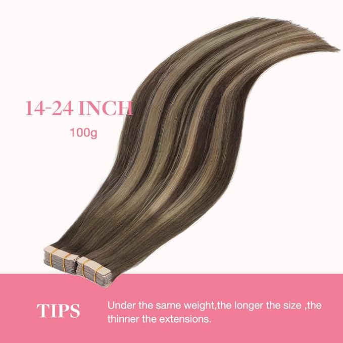 GOO GOO Tape in Hair Extensions Human Hair, 4/26/4 Balayage Chocolate Brown to Honey Blonde, 18inch 100g 40pcs, Skin Weft Seamless Invisible, Silky Straight with Thick Ends, Remy Human Hair