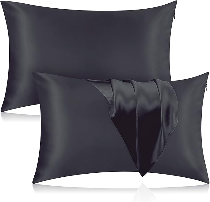 Silk Pillowcase for Hair and Skin, 2 Pack 100% Mulberry Silk Pillowcase 25 Momme, 600 Thread Count, Both Side Pure Silk Pillow Cover with Hidden Zipper (BlackGray, Standard 20''×26'')