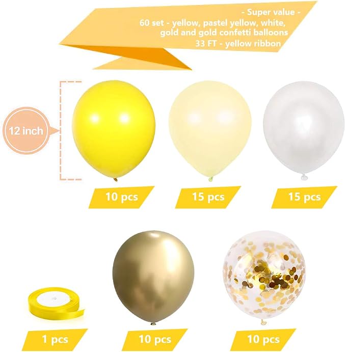 KBZVNAF Yellow White Gold Confetti Balloons 60 Pack 12 inch | Pastel Yellow - Image 2