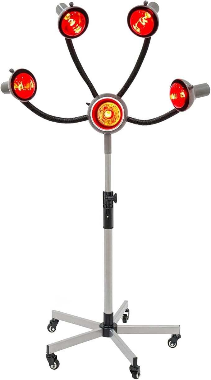 5 Head Infrared Light Heat Therapy Red Lamp, Salon Hair Steamer Perming Dyeing Adjustable Height Machine with Rolling Wheels, Infrared Dryer Hair Drying Care, Standing Infrared Heater