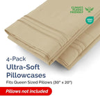 Queen Pillow Cases Set of 4 - Ultra Soft Hotel Quality Pillowcase Covers - Comfy, Cozy & Wrinkle Free - Shrinkage, Stain and Fade Resistant - Machine Washable Pillow Protectors - 4 Piece Set - Beige
