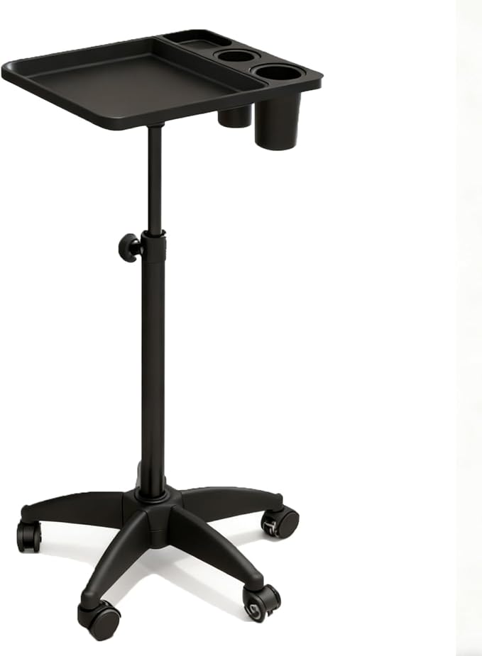 Salon Rolling Tray, Height Adjustable Tattoo Tray Rolling Cart, Storage Utility Trolley for Spa, Beauty Salon Service, Hairdresser Cart with Wheels, Black (Upgrade Black-TRAY-158N)