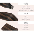 22 Inch Tape in Hair Extensions Human Hair 20pcs Balayage Natural Black to Chestnut Brown Remy Human Hair Extensions Tape in(1B/1B/6#, 22 Inch)