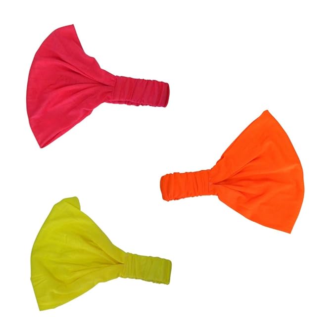 Set of 3 Wide Cotton Head Band Solid Boho Yoga Style Soft Hairbands Hot Pink Orange Yellow
