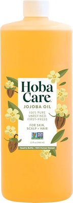 HobaCare Unrefined Jojoba Oil for Skin Care, Hair, Beard Conditioning, Scalp Massage - 100% Pure Carrier Oil for Perfume or Soap Making - Natural, Vegan, Hexane Free, Long Shelf Life (32 oz)
