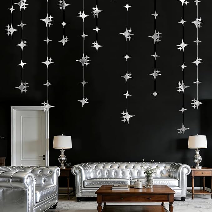 Glitter Silver Four-Angle Star Paper Garland Banner Décor 40 Feet Twinkle - Image 4