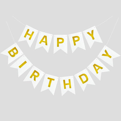 White and Gold Happy Birthday Banner Sign by PatiCool