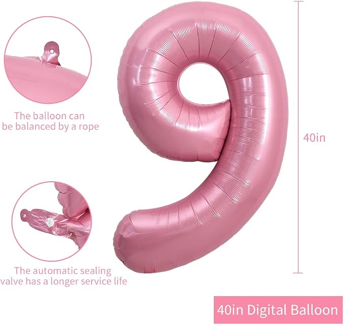TONIFUL 40 Inch Pink Number 9 Balloons Large Foil 9th Birthday Decorations | - Image 2