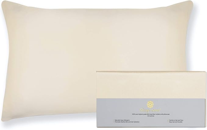 25 Momme Premium Mulberry Silk Pillowcase for Hair and Skin | Handcrafted Hypoallergenic & Anti-Acne Silk Pillow Cases with Zipper | Standard - 20" x 26", Vanilla Ice