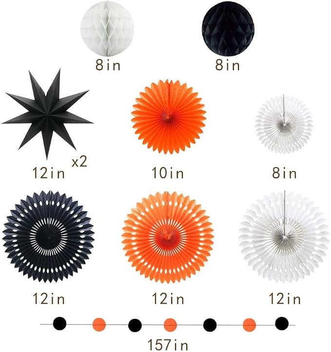 Orange White Black Halloween Decorations, Hanging Tissue Paper Fans Circle - Image 2