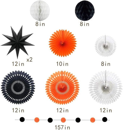 Orange White Black Halloween Decorations, Hanging Tissue Paper Fans Circle - Image 2