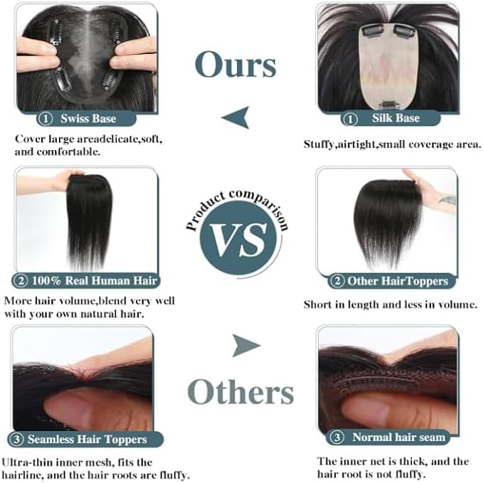 Human Hair Toppers for Women Real HairTopper with Thinning Hair 120% Density Round Shaped Swiss Base Hair Pieces 40g-Medium Brown（12inch,4#）