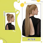 RUNATURE Hair Ponytail Extension Blonde Straight Human Hair Ponytail Extension 16 Inch Dark Blonde with Caramel Blonde Short Ponytail Human Hair Extension with Magic Paste Full Ends 80g