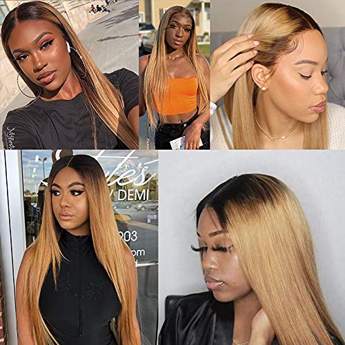 Blonde Bundles Human Hair Ombre Straight Bundle Niegmeag Brazilian Virgin Remy Hair 3 Bundles 24 26 28 Inch 2 Tone Black and Honey Blonde Straight Bundle Double Weft Hair Weave 300g