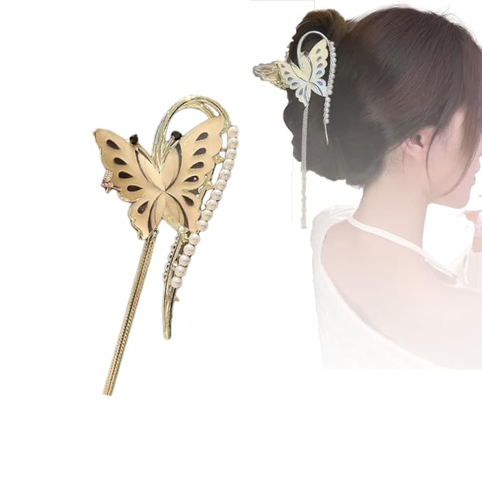 Gold Butterfly Hair Claw Clips Pearl Chain Tassel Rhinestone Butterfly Flower Hair Clips Tassel Nonslip Clamps Hair Accessories for Women and girl.Claw Clips for Thick hair