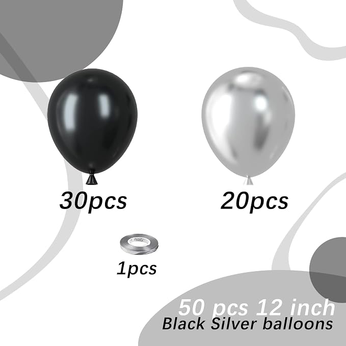 Black and Silver Latex Balloons, Birthday Party Decorations - Image 2
