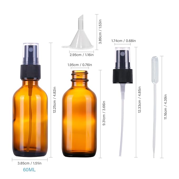 2oz Amber Glass Spray Bottles,Empty Small Perfume Travel Refillable Reusable Fine Mister Spray Bottle for Hair,Cleaning Solutions,Aromatherapy and Essential Oil with Extra Nozzle(2 Pack)