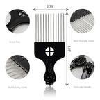 Black Metal Afro Pick Combs for Curly Hair - Detangle & Style Comb for Women and Men, Durable Plastic & Metal, Fist Design for Hair Styling, Perfect for Wigs (2 Pack Hair Comb, Count, 2)