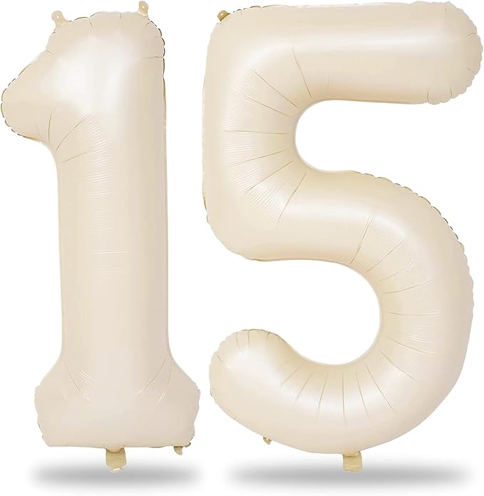 Cream 15 Foil Balloon Numbers, 40 Inch Giant Beige 15th Birthday Balloons by Lingqiang