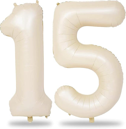 Cream 15 Foil Balloon Numbers, 40 Inch Giant Beige 15th Birthday Balloons by Lingqiang