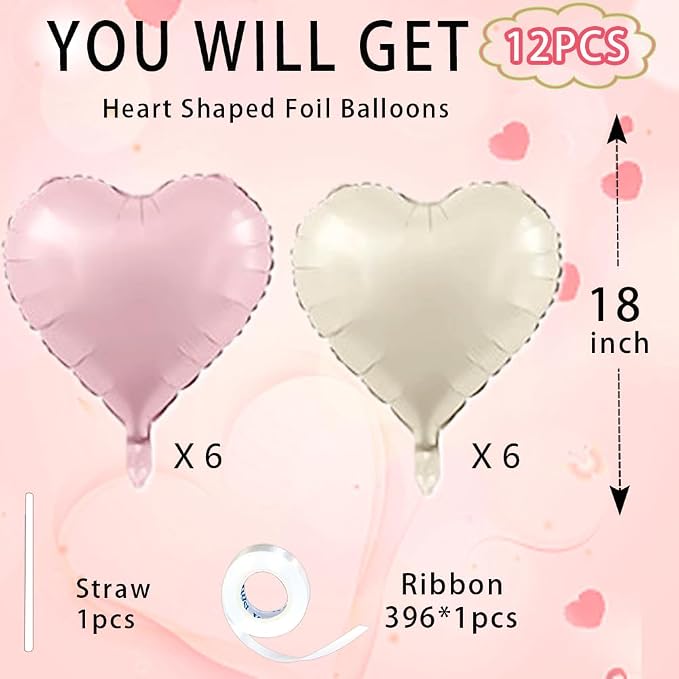 Baby Pink & Baby White Heart Balloons，18 Inch Foil Love Heart Shaped Balloons - Image 7