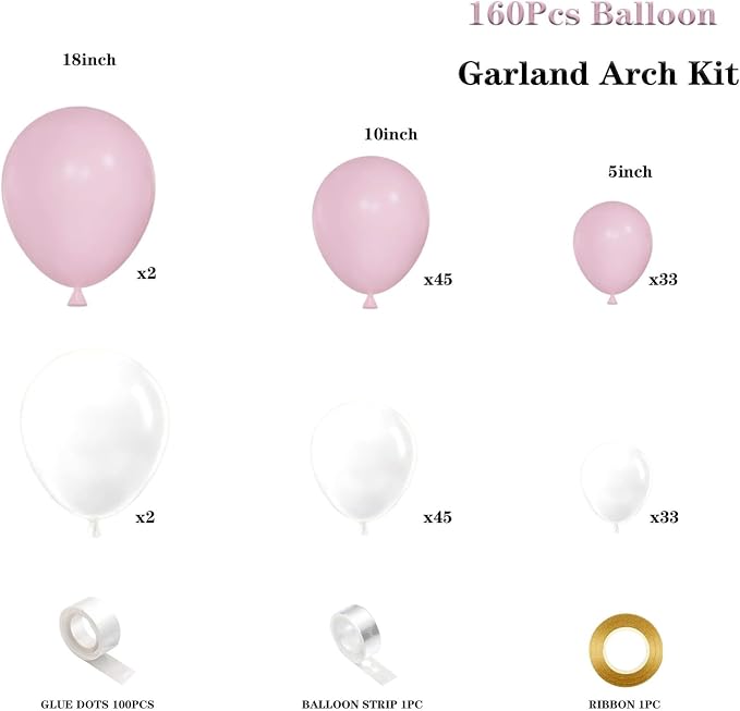 Pink White Balloon Garland Arch Kit 160Pcs Pink White Latex Balloons - Image 2