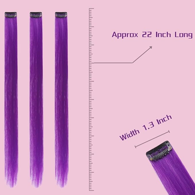Purple Hair Extensions Clip in, 22 Inch 10 Pieces Long Straight Colored, for Kids Girls Women Highlight Party, Synthetic