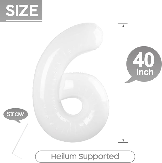 6 Balloon - White Birthday Number Balloons, 40 Inch Decorations Men Women | - Image 5