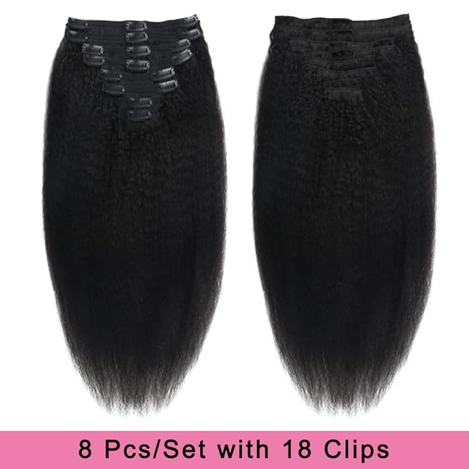 Kinky Straight Human Hair Clip in Extensions 120g Full Head Clip ins for Women 100% Unprocessed Brazilian Virgin Human Hair Yaki Straight Clip ins Remy Hair Natural Black 8Pcs 18Clips 20inch