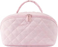 Petition Travel Makeup Bag for Woman,Festivalment Lay Flat Makeup Bag, Wide Open Water-Resistant Cosmetic Case,Puffy Padded Organizer for Toiletries & Brushes Large Capacity with Compartments (pink)